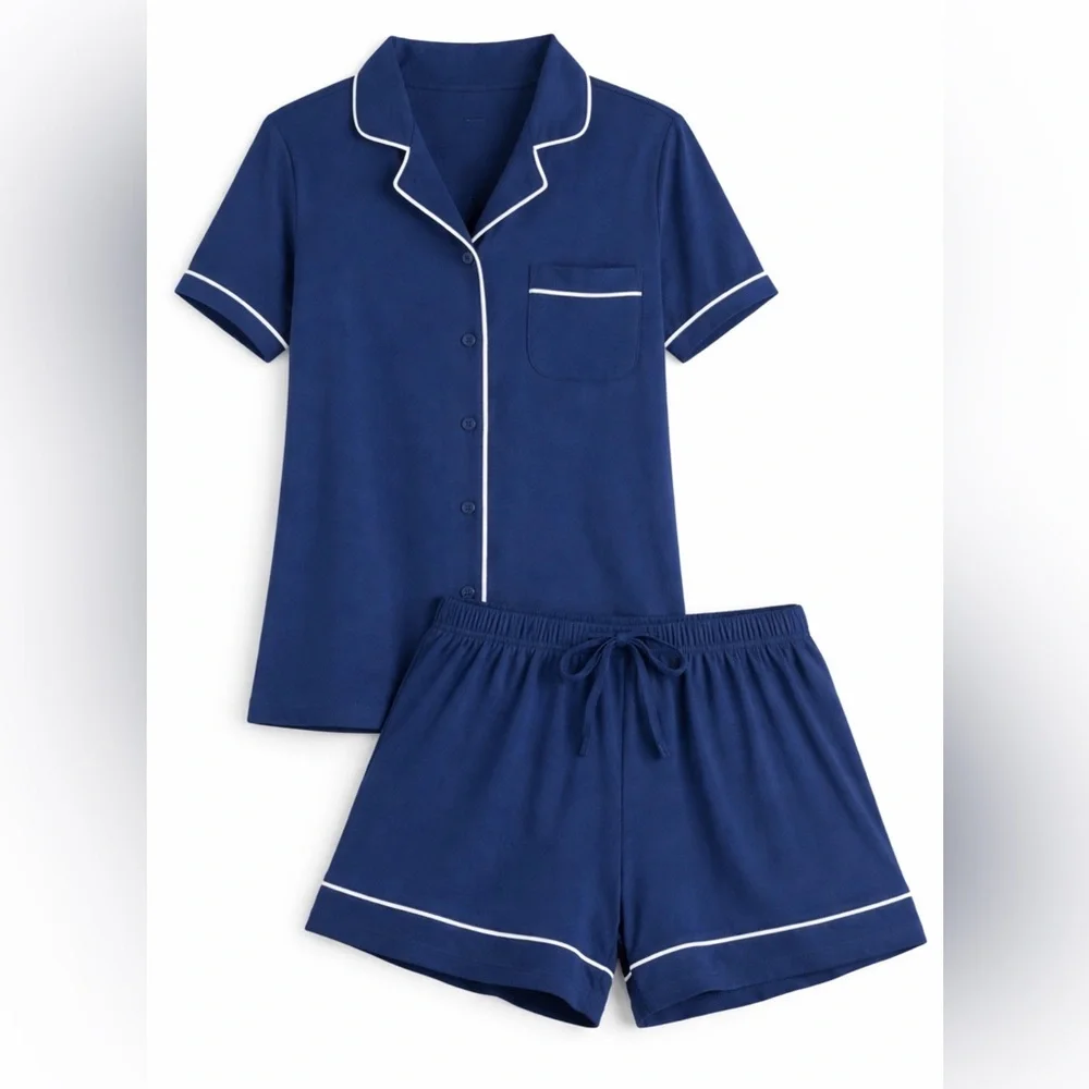 Auden Cloud Soft Navy Notch Collar Button Down Sleepwear Set NWT - Picture 9 of 9